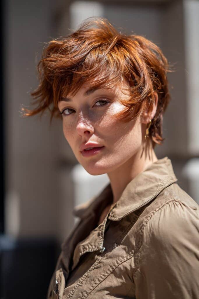 Feathered pixie cut with lifted crown and flipped ends.