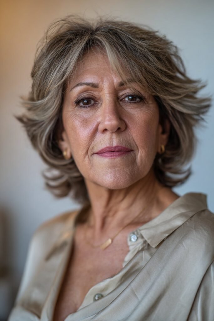 Older woman with feathered shag and airy face-framing layers.