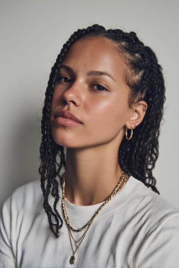 Woman styling smooth feed-in cassie braids with natural roots.