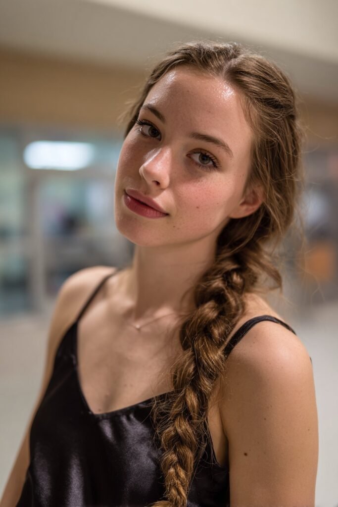 Teen girl showcasing a neat fishtail braid over one shoulder for prom.