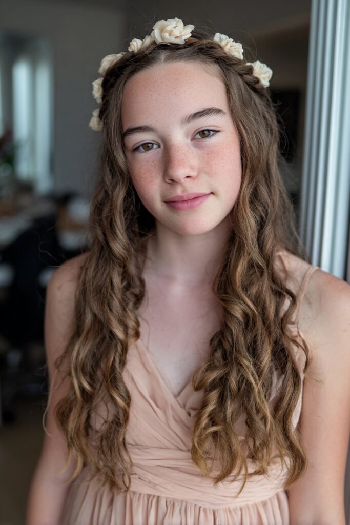 Teen girl wearing a flower braid crown, an easy prom hairstyle for long hair.