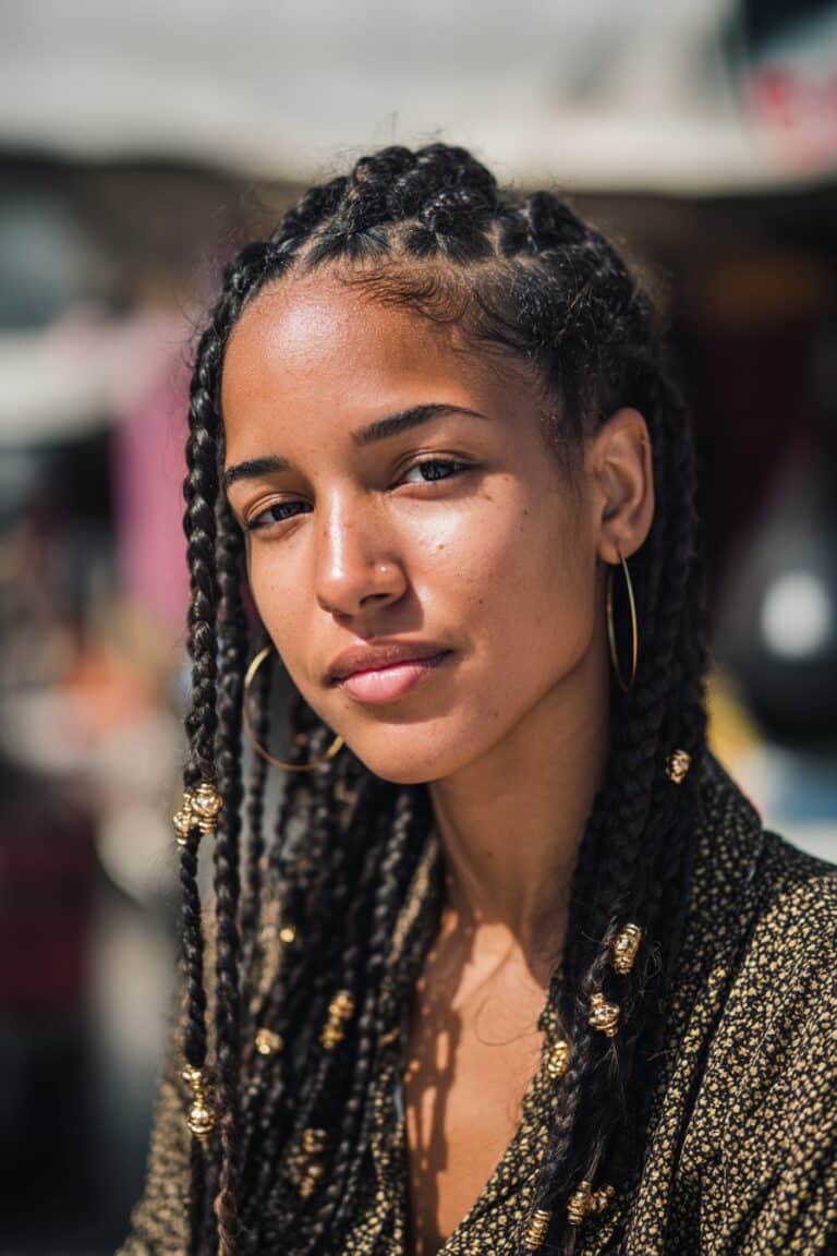 Black woman wearing Fulani braids with decorative beads.