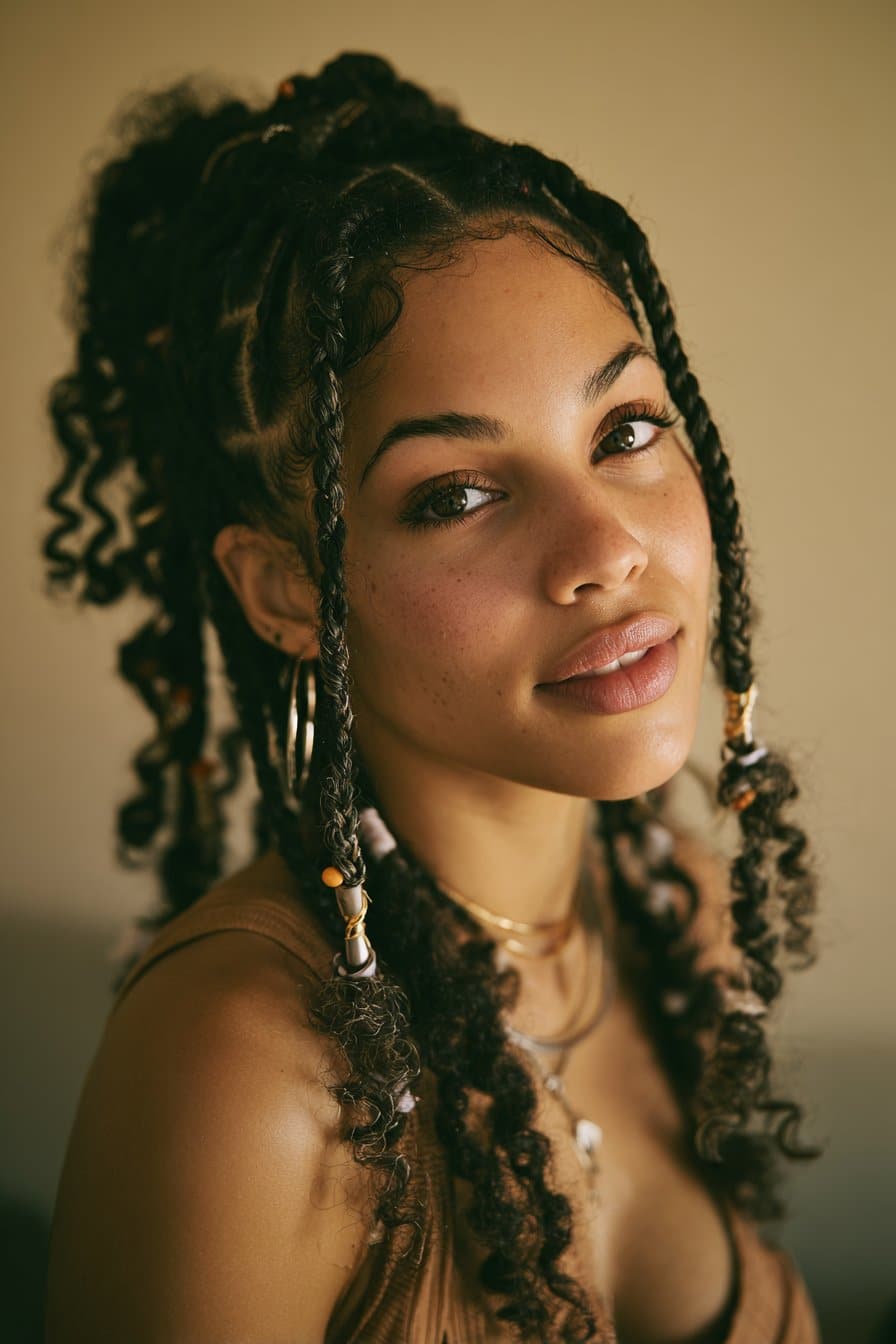 Woman wearing Fulani braids with beads and curly tips.