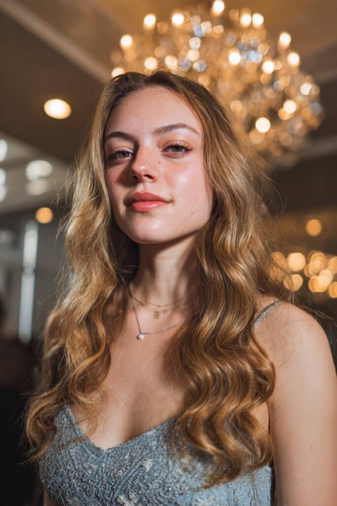 Teen girl in glamorous Old Hollywood waves, a prom hairstyle for long fine hair.
