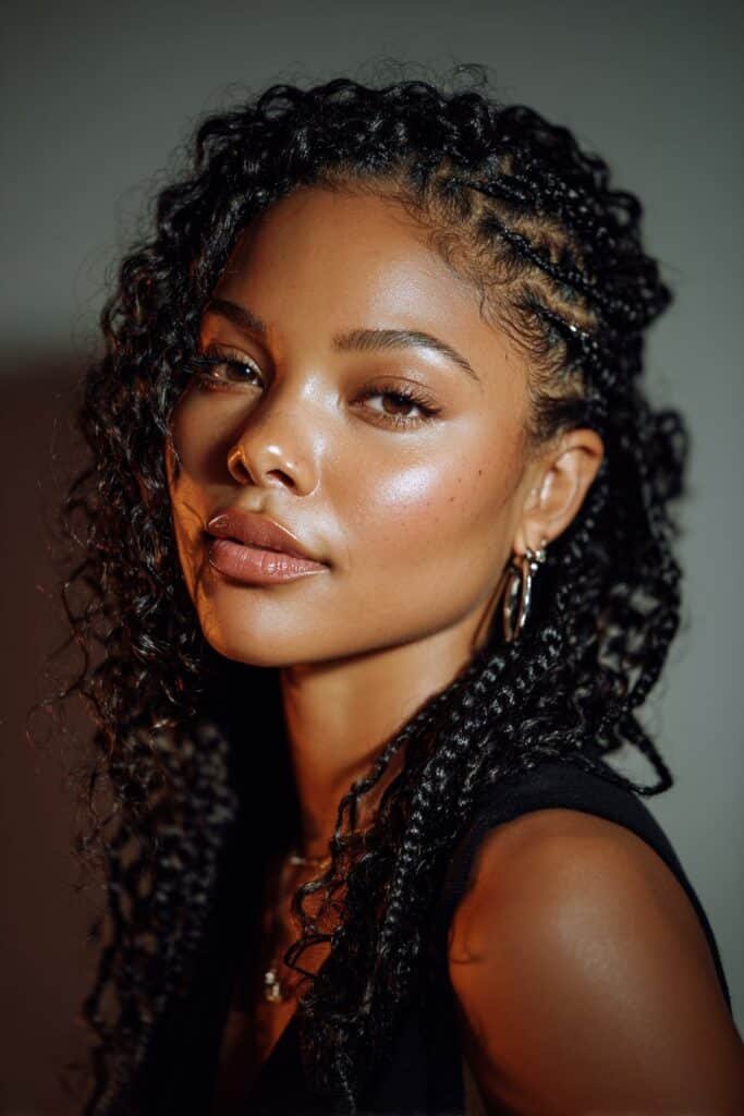 Woman wearing goddess cassie braids with soft curly texture.