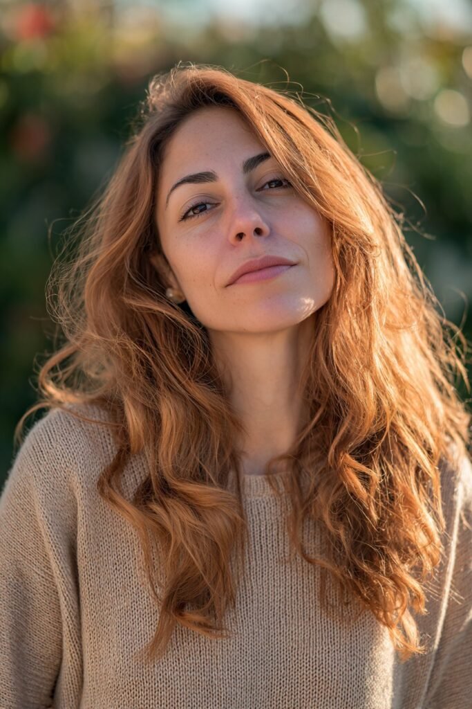 Chestnut hair color with golden highlights and soft loose waves.