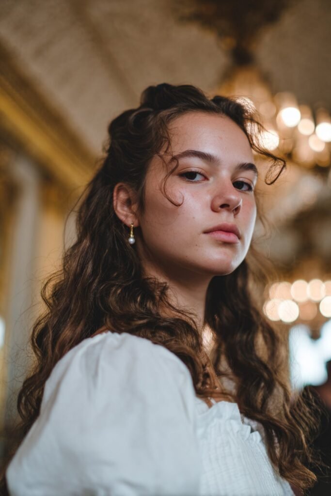 Teen girl in half-up half-down vintage waves prom hairstyle for long fine hair.