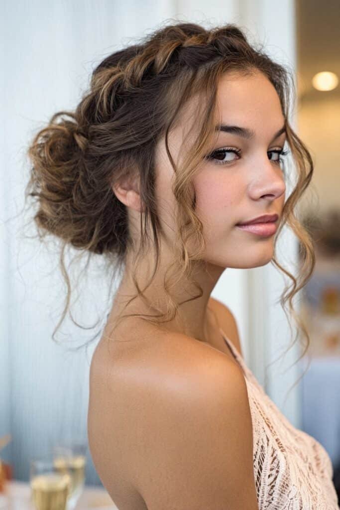 Teen girl wearing a half-up twisted crown on medium-length hair for prom.