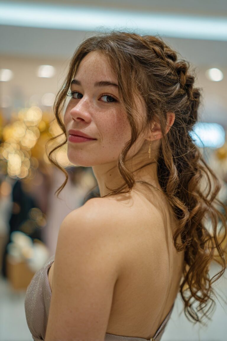 Teen girl showing an upside down French braid half up half down prom hairstyle with soft curls.