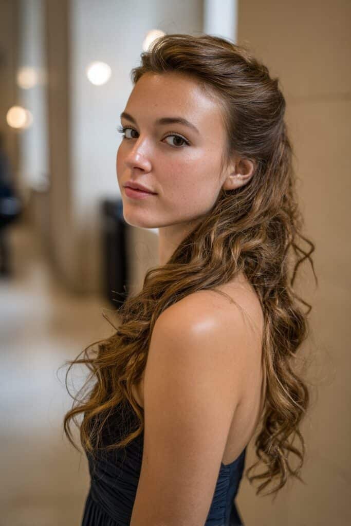 Teen girl with a half up half down prom hairstyle featuring a dramatic deep side sweep and curls.
