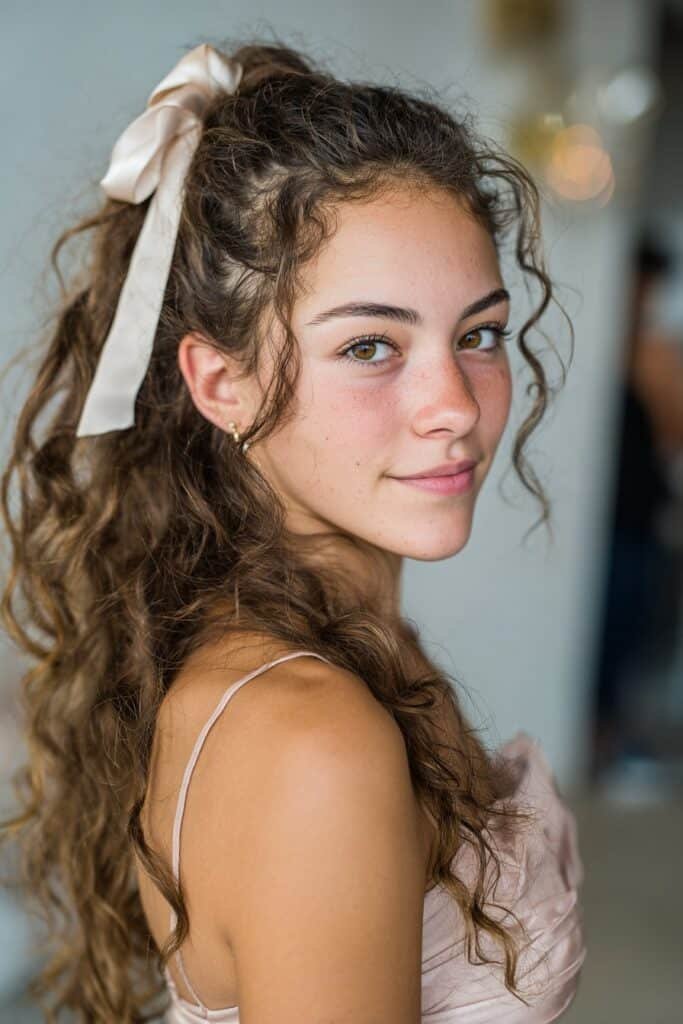 Teen girl wearing a curled half up half down prom hairstyle secured with a satin ribbon bow.