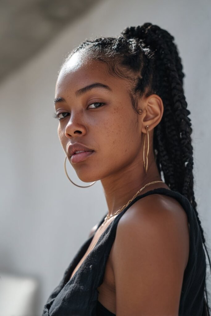 Woman styling cassie braids into a high ponytail look.