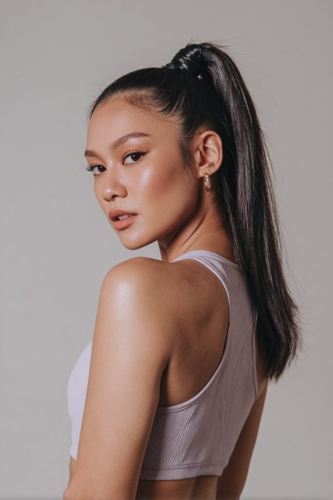 Woman wearing a sleek high ponytail hairstyle with smooth finish.