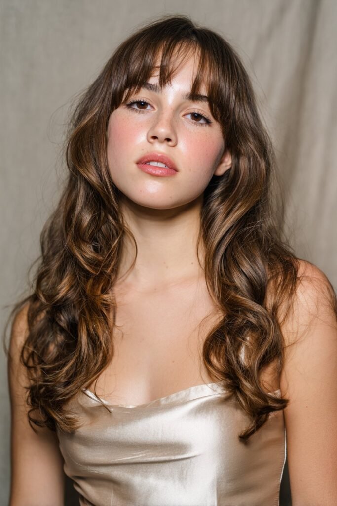 Teen girl in glamorous Hollywood waves with heavy side-swept bangs for prom night.
