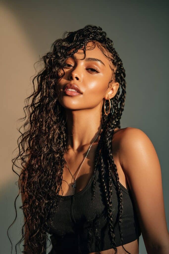 Woman with jumbo box braids and loose curly ends hairstyle.