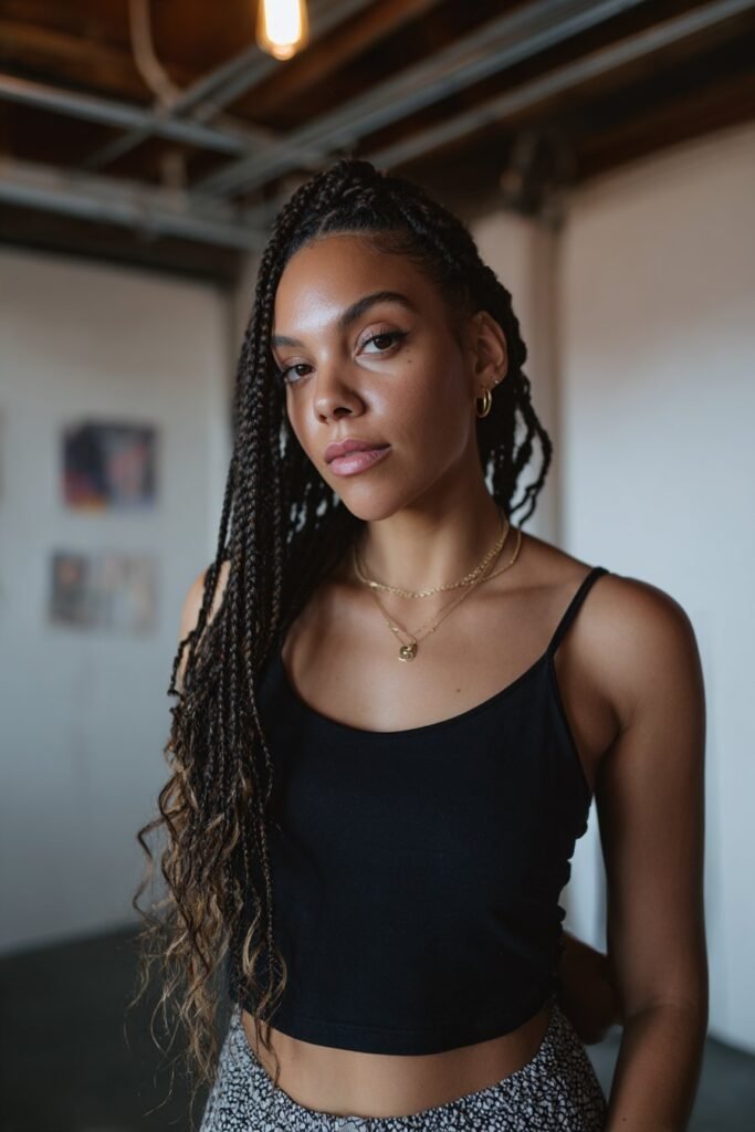 Woman wearing jumbo cassie braids with thick neat plaits.