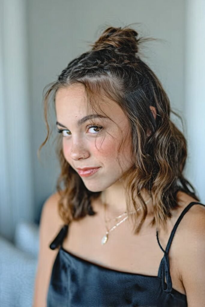 Teen girl wearing knotted half updo with soft waves on medium-length hair.