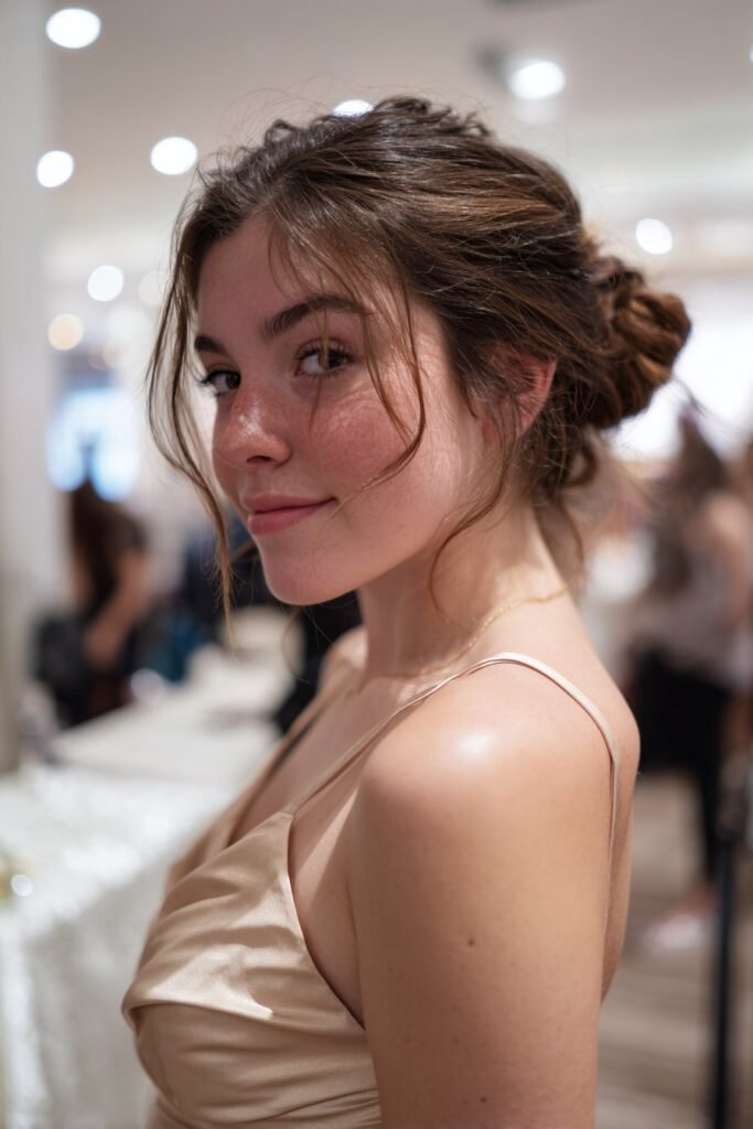 Teen girl with a smooth knotted low bun, an easy prom hairstyle for long hair.