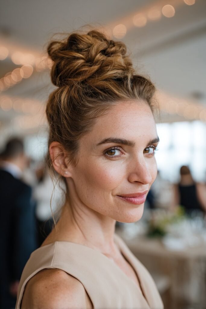 Woman wearing knotted rope braid updo hairstyle.