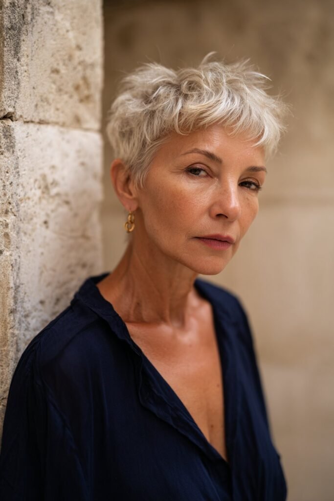 Layered French crop short wispy haircut for older women with fringe.
