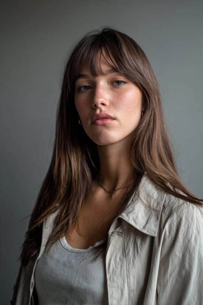 Woman with layered dimensional hair and side-part curtain bangs framing the face.