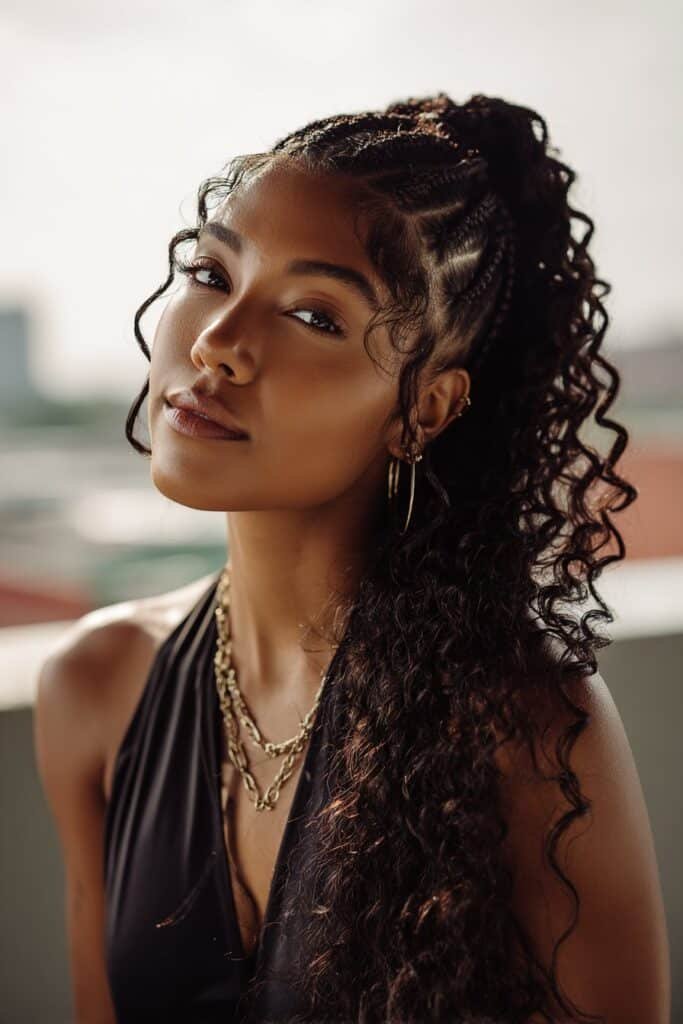 Woman with side-swept lemonade braids in curly ponytail style.