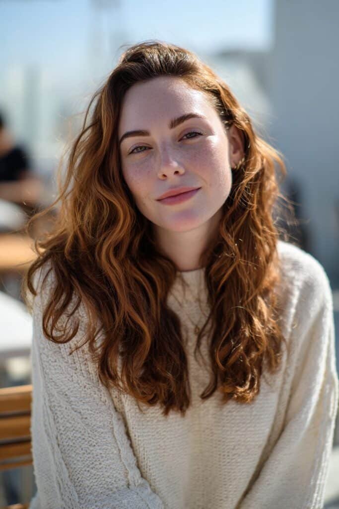 Light chestnut hair with caramel ribbon highlights and soft curls.