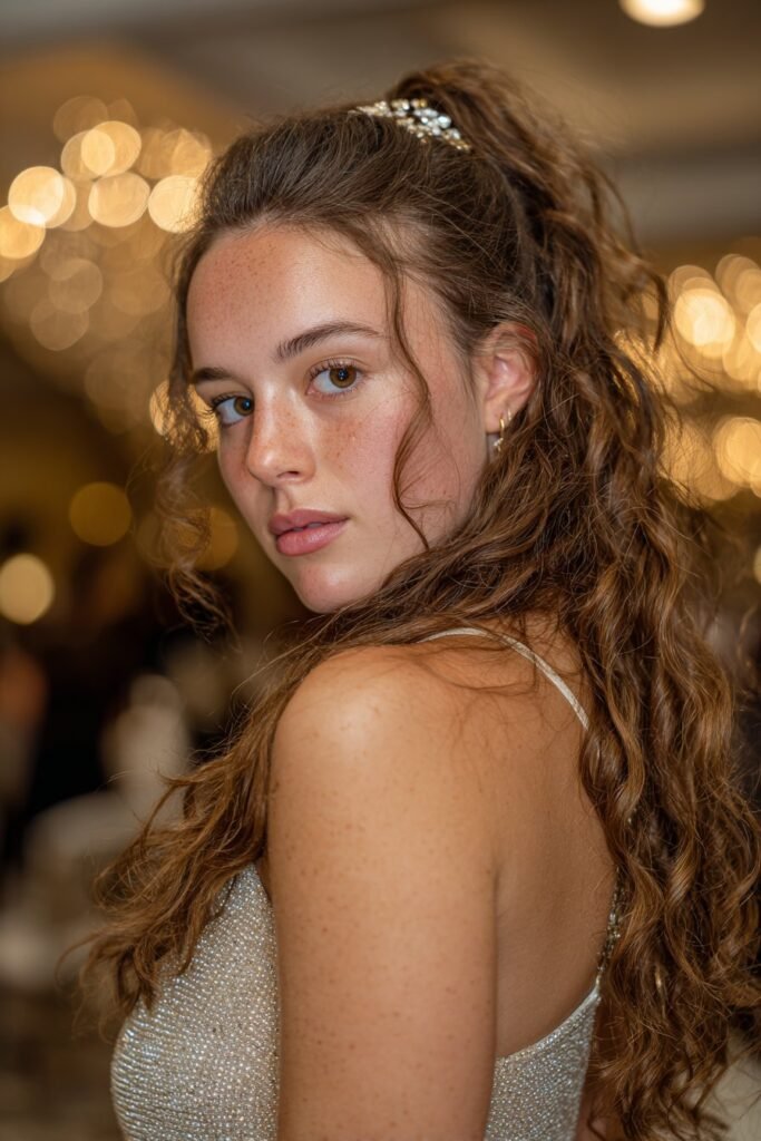 Teen girl wearing loose curls with jeweled half-up styling for long fine hair at prom.
