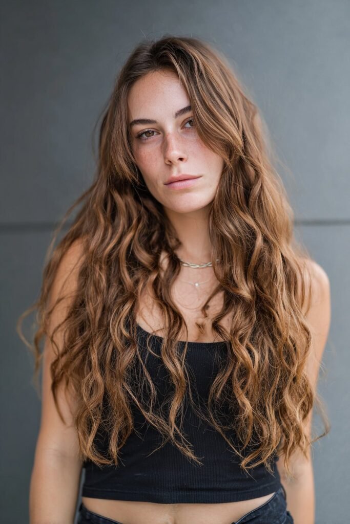 Woman with loose natural waves and soft middle part hairstyle.