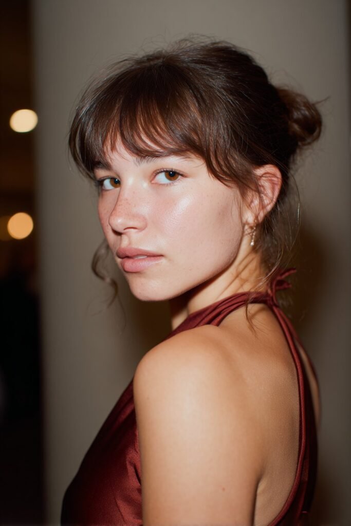 Teen girl wearing a low chignon with subtle peek-a-boo bangs for prom.