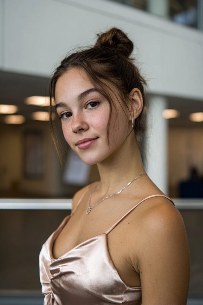 Teen girl with a textured low chignon prom hairstyle adding fullness to long fine hair.
