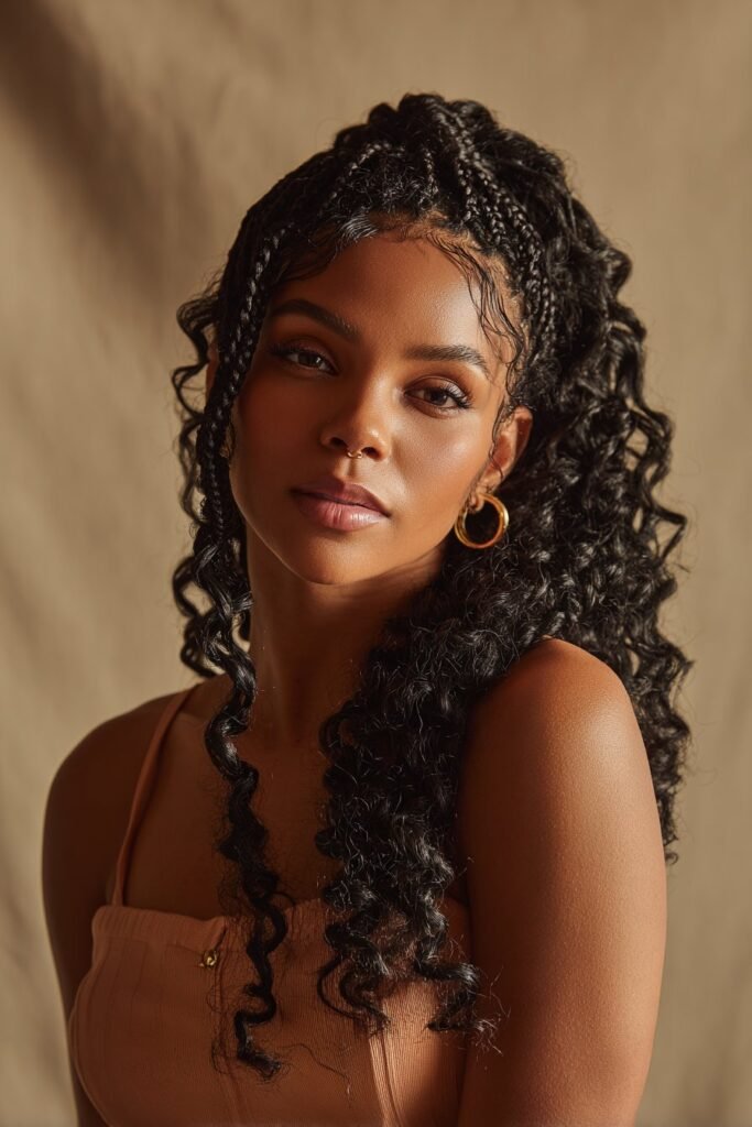 Woman wearing medium box braids finished with spiral curls.