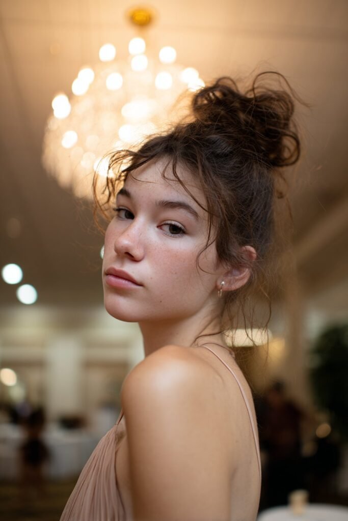 Teen girl wearing a messy bun prom hairstyle with soft face-framing tendrils.