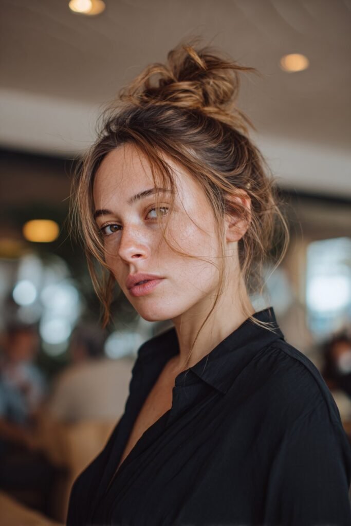 Woman with messy low bun and soft face-framing strands.