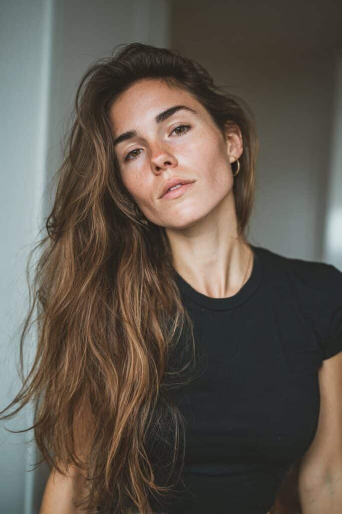 Young woman with messy undone texture and relaxed side-part curtain bangs.