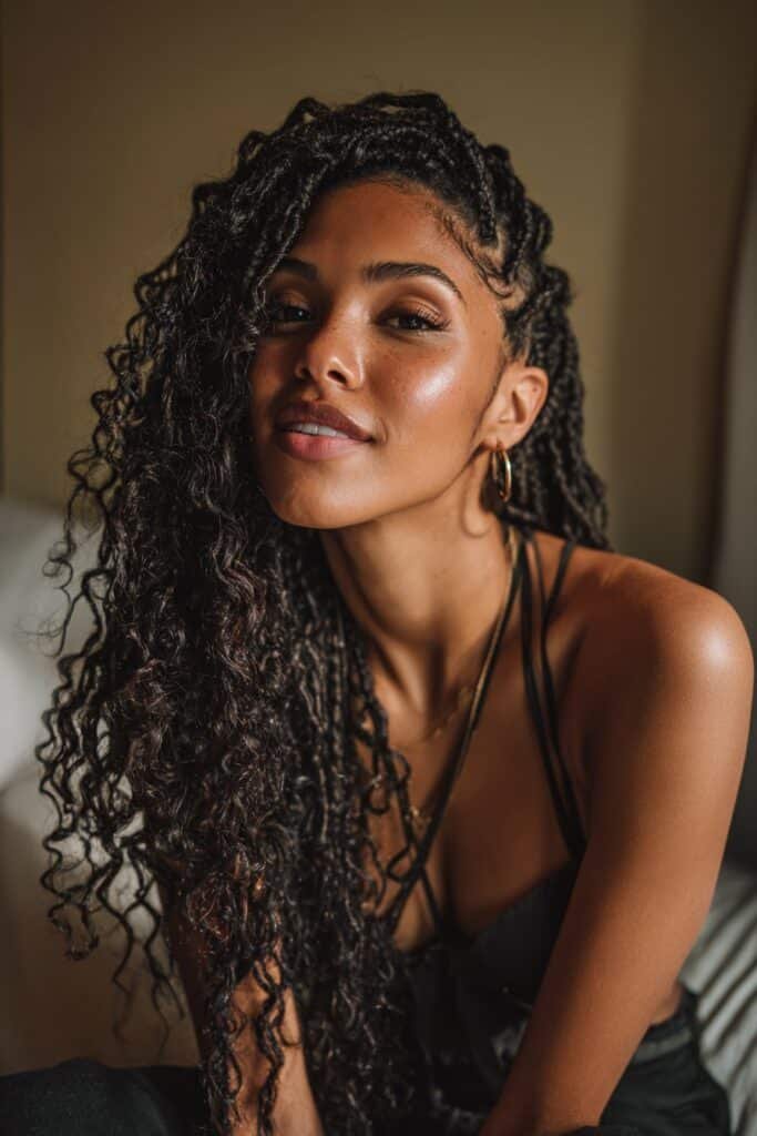 Woman with micro cassie braids and soft curly tips.