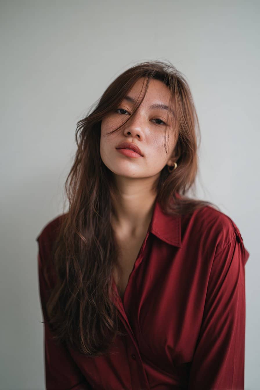 Young woman with natural texture and side-part curtain bangs styled loosely.