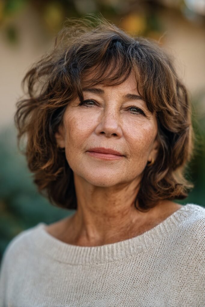 Older woman with neck-length textured shag, shaggy hairstyle for older women.