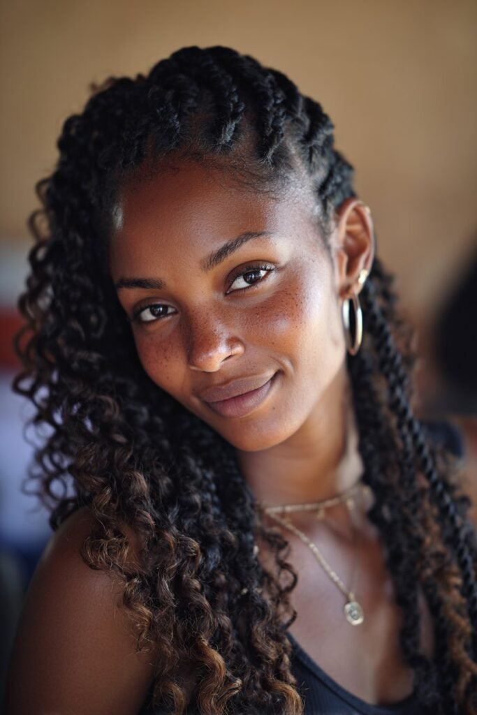Woman with ombre box braids fading into curly ends.