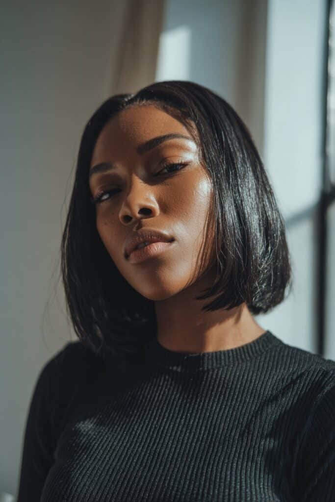 Black woman with pin straight hair and clean middle part.