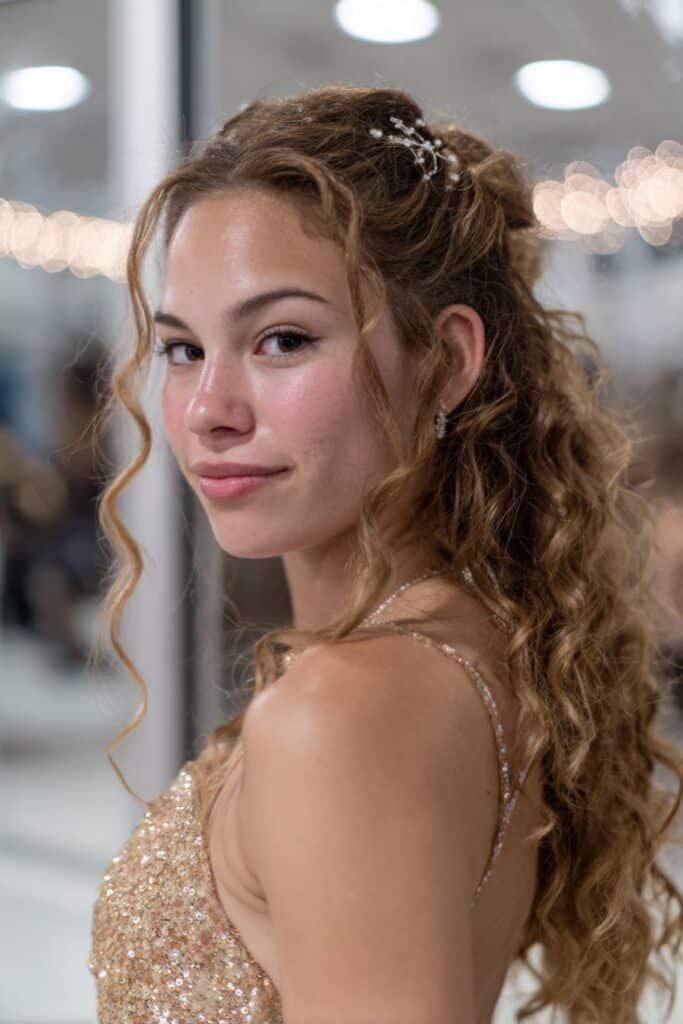 Teen girl with pinned-back curls and jeweled accent, prom hairstyle for medium length hair.