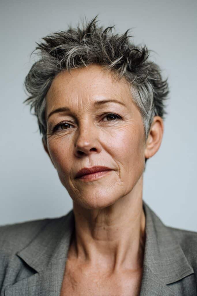 Older woman with pixie shag and soft volume at the crown.