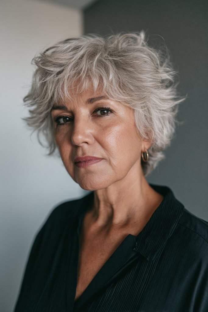 Older woman with razor-cut shag and sharp textured layers.