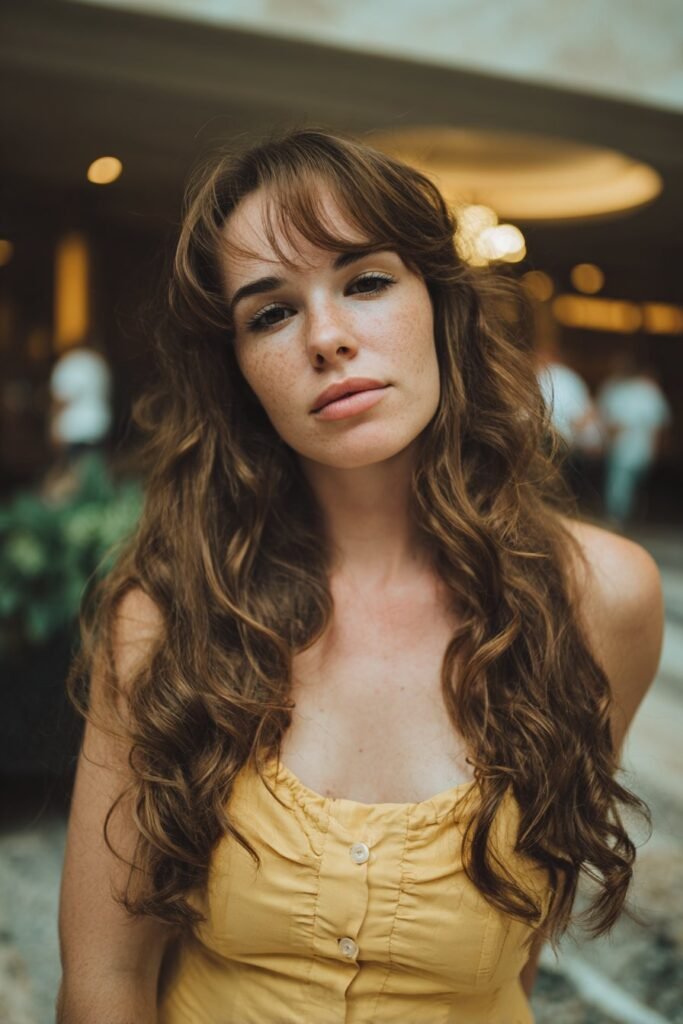 Woman with retro curls and defined side-part curtain bangs in a glam studio look.