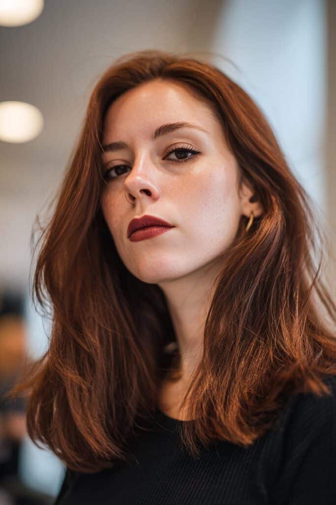 Rich mahogany chestnut hair color with deep red-brown shine.