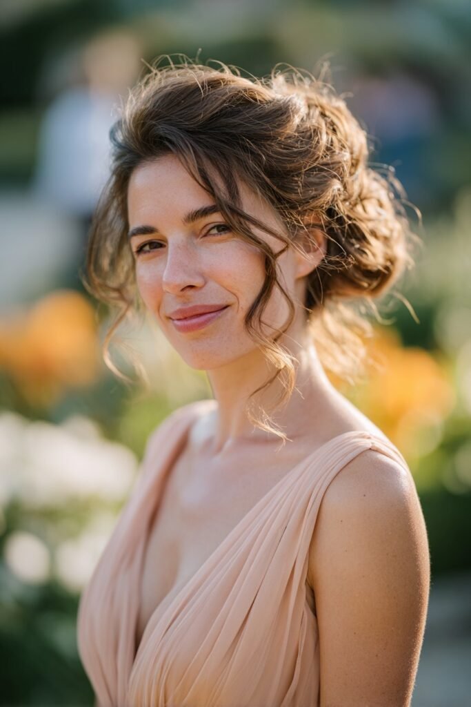 Woman wearing romantic loose updo with soft tendrils.