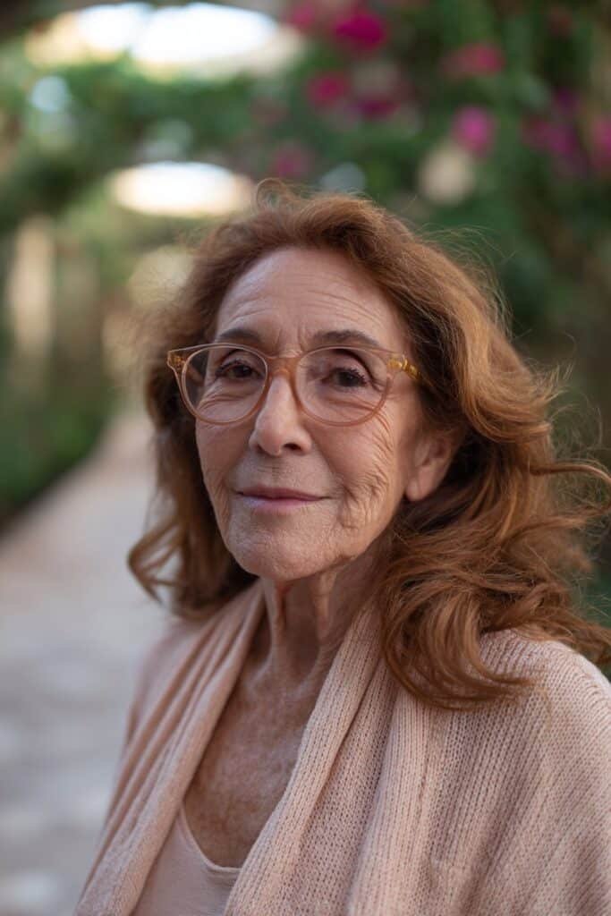 Older woman with romantic loose waves and soft movement.
