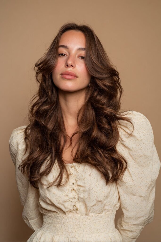 Woman with romantic soft curls and gentle side-part curtain bangs.