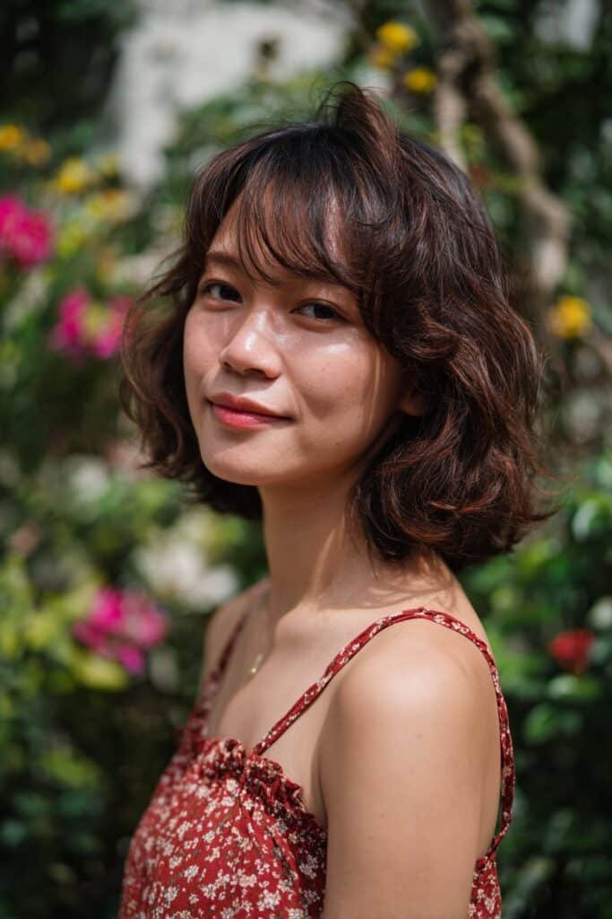 Bride wearing romantic stacked bob with soft wedding curls.