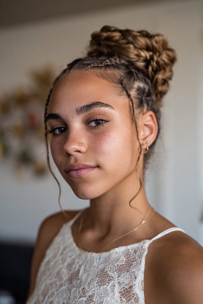 Teen girl showcasing a rope braid updo prom hairstyle with gentle volume.